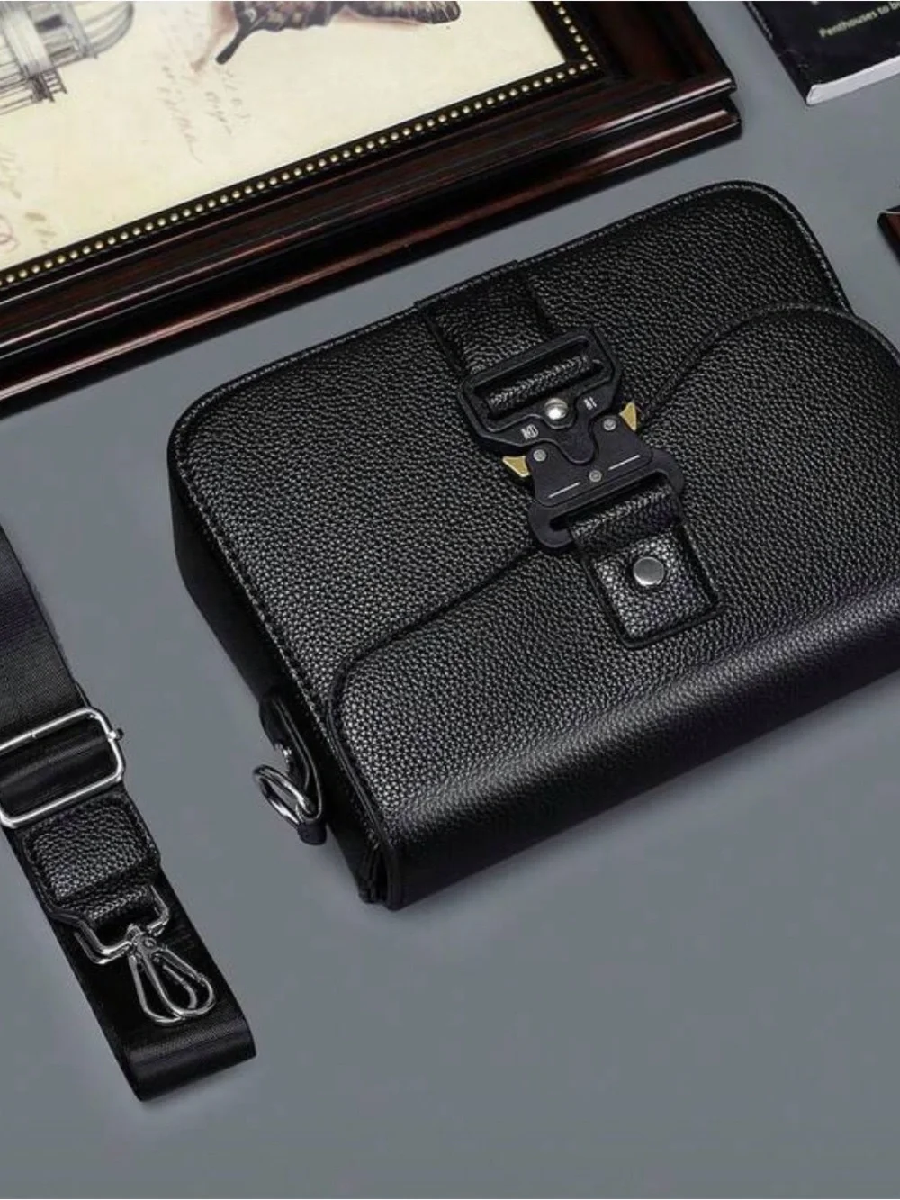 Black Mens Leather Messenger Bag with Metal Buckle
